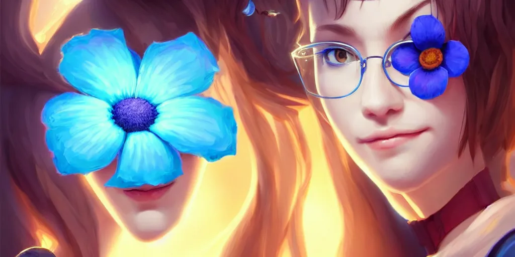 Image similar to epic professional digital art of a smiling bread toast wearing 👓 and a blue flower, best on artstation, cgsociety, wlop, cosmic, epic, stunning, gorgeous, much detail, much wow, masterpiece, backlight