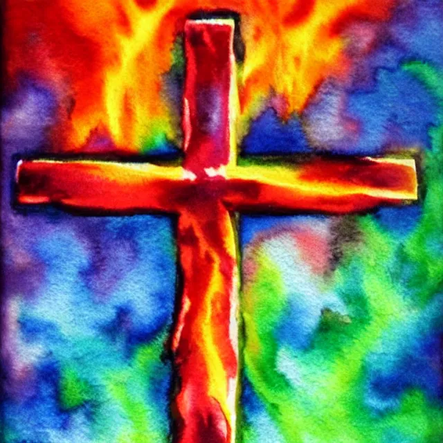 Prompt: cross in flames, fire burning in rainbow colors, watercolor