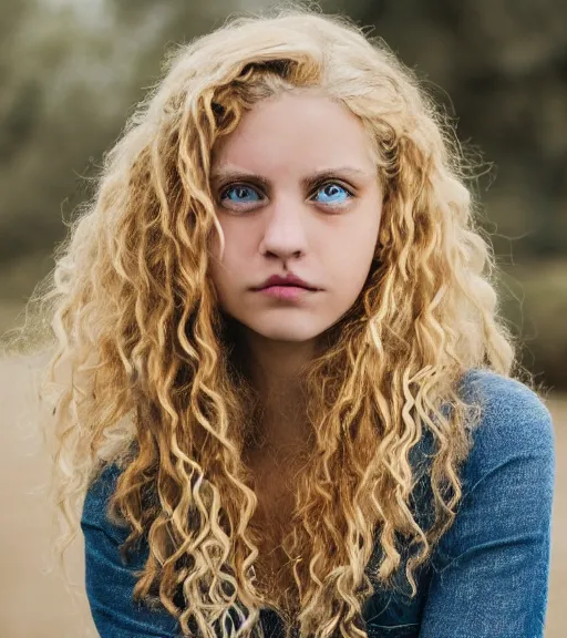 Image similar to a professional 8 5 mm highly detailed portrait of annabeth chase, a caucasian eighteen year old girl that looks like a california valley girl, intense stormy gray eyes, blonde curly hair, professional photography, midday lighting, defiant, beautiful