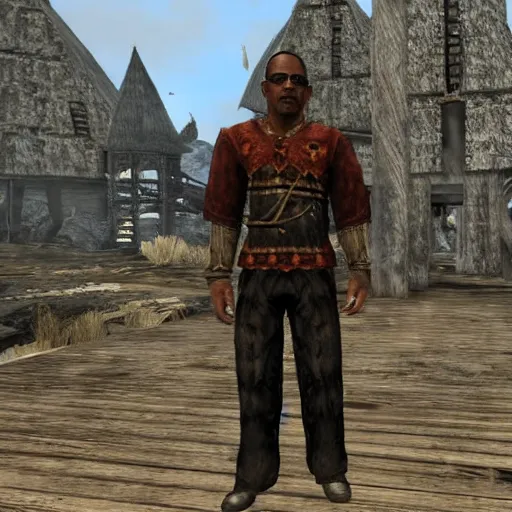 Image similar to gus fring visits whiterun, skyrim, highly detailed, realistic, elder scrolls, adventuring gear, business suit