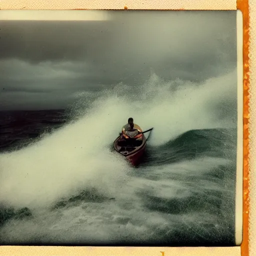 Image similar to a man in a small rowboat on tumultuous ocean. Big waves. Maelstrom storm clouds and rain. Polaroid