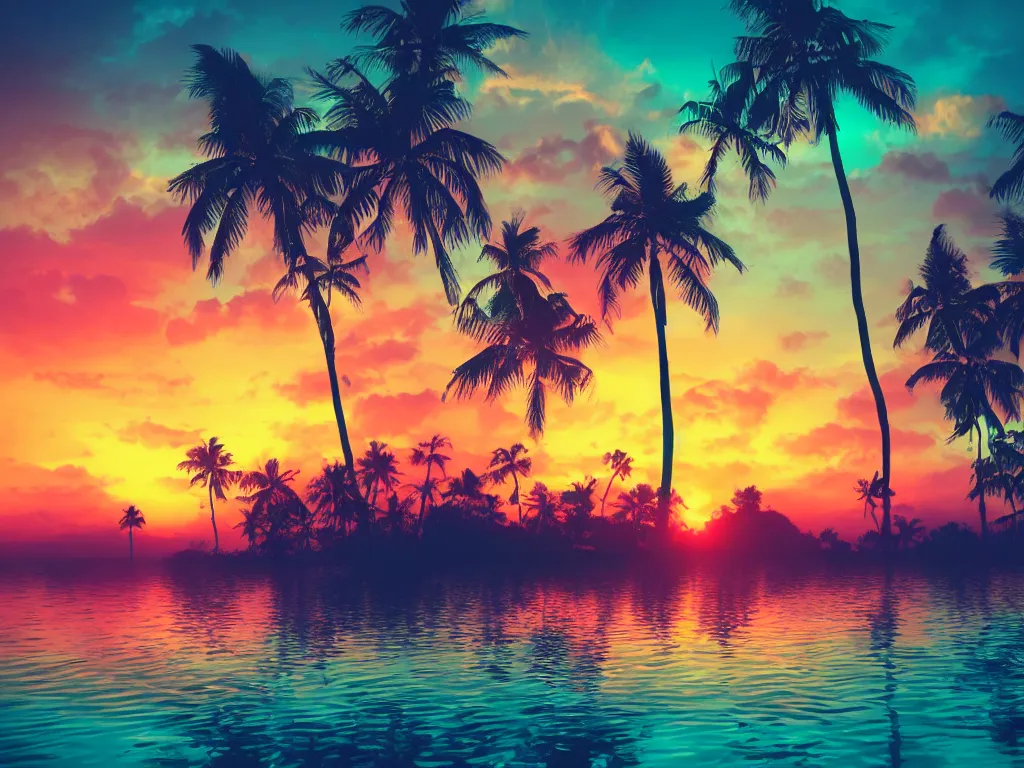 Prompt: Sunset in a dreamy and atmospheric jungle, retrowave