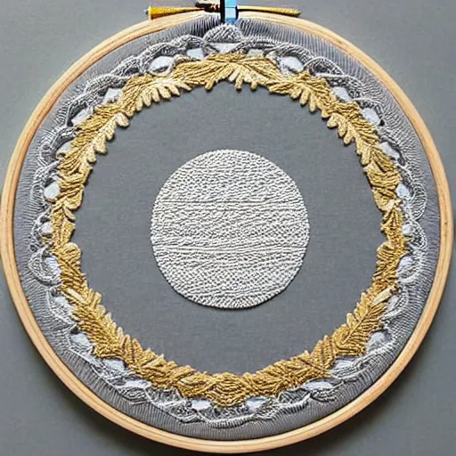 Prompt: three dimensional multilayered embroidery patterns inside a circle, intricate detail, complex, gold, silver, obsidian, white