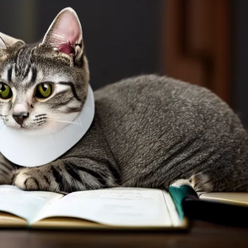 Image similar to a photo of a cat rabbit studying for an exam