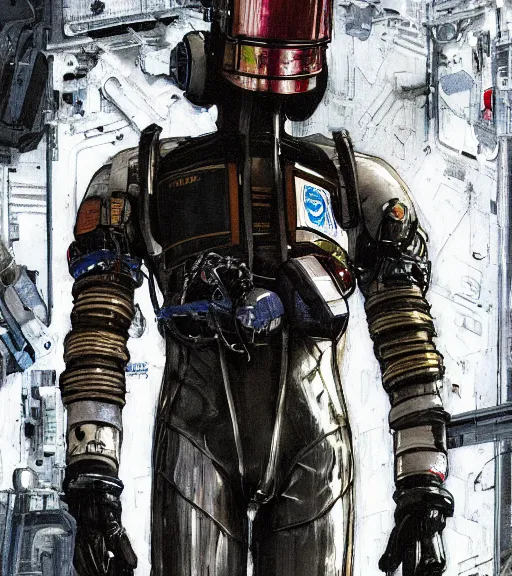 Image similar to realistic cyberpunk engineer with long limbs and a black spacesuit on a spacewalk, techwear, dead space, visible face, Industrial Scifi, detailed illustration, character portrait, by Ashley Wood and Moebius