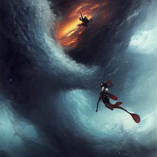 Prompt: a dream fantasy painting of a scuba diver trapped in a maelstrom, trending on artstation, deviantart, matte painting by greg rutkowski, holly bruce, jon kuo