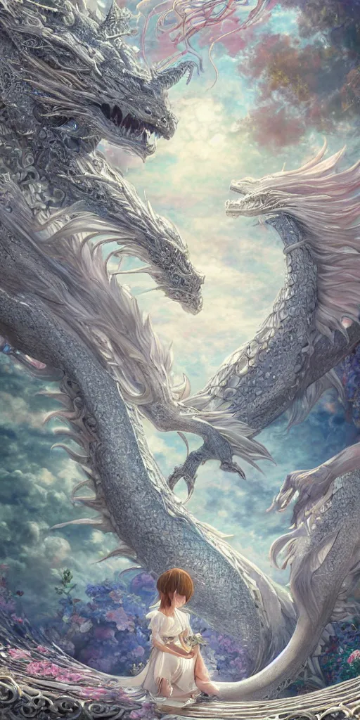 Image similar to the beautiful hyper detailed scene render that a lonely beautiful girl lies in the arms of a huge silver white dragon alone in fairyland surrounded by white clouds, finely detailed angelic face delicate features, style of studio ghibli, makoto shinkai, raphael lacoste, louis comfort tiffany, artgerm, james jean, ross tran, animation style, hd, ultra wide angle