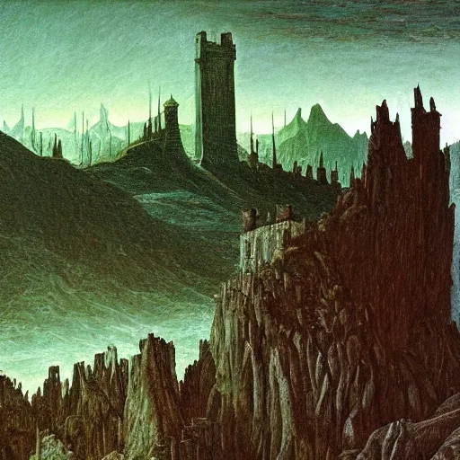 Image similar to minas morgul detailed oil on canvas in the style of Caspar david Friedrich,