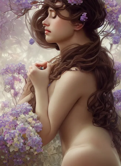 Prompt: a photographic portrait of a seductive sleeping anthropomorphic hydrangea blossom with a perfect face, fantasy, wind blowing hair, intricate, elegant, very very highly detailed, digital painting, artstation, concept art, smooth, super sharp focus, illustration, art by artgerm and h r giger and alphonse mucha
