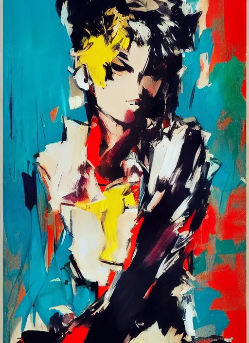 Image similar to Fashion model girl by Ashley Wood, Yoji Shinkawa, Jamie Hewlett, 60's French movie poster, French Impressionism, vivid colors, palette knife and brush strokes, Dutch tilt