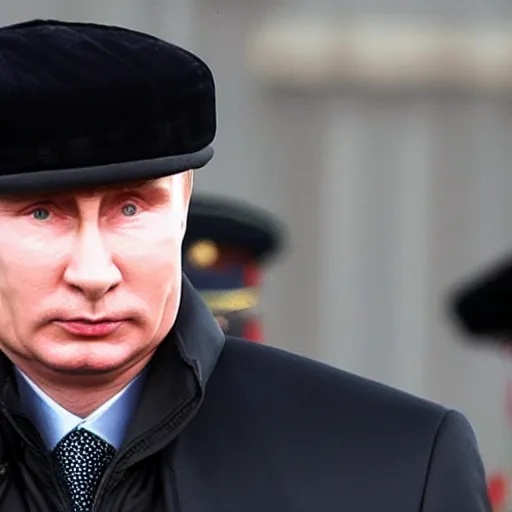 Image similar to putin wearing a black leather hat, frontal view, cool looking