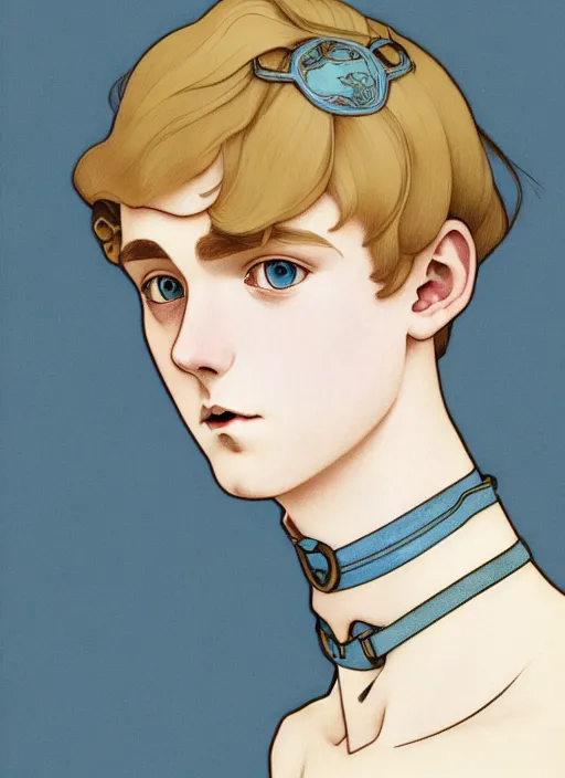 Image similar to art nouveau portrait of a pretty young man with short blond hair, light blue eyes, sad expression, scared, head down, shy and demure, wearing a choker collar, natural lighting, path traced, highly detailed, high quality, cartoon, digital painting, by don bluth and ross tran and studio ghibli and alphonse mucha