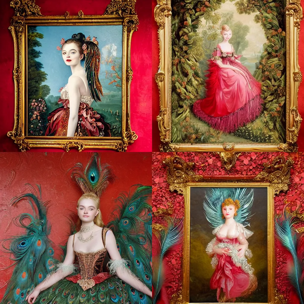 Prompt: a beautiful rococo painting of Elle Fanning covered in peacock feathers standing before a red mosaic wall. ultra-detailed.