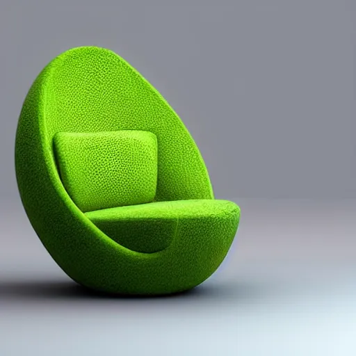 Image similar to a chair that looks like an avocado sitting on top of a white table, a 3 d render by susan weil, behance, ecological art, behance hd, rendered in cinema 4 d, made of soft fabric