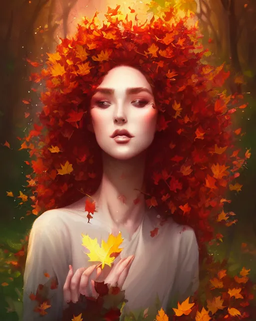 Image similar to beautiful autumn priestess with curly red - hair, flurry of leaves and flowers, warm aura, artgerm, peter mohrbacher, alena aenami, artstation