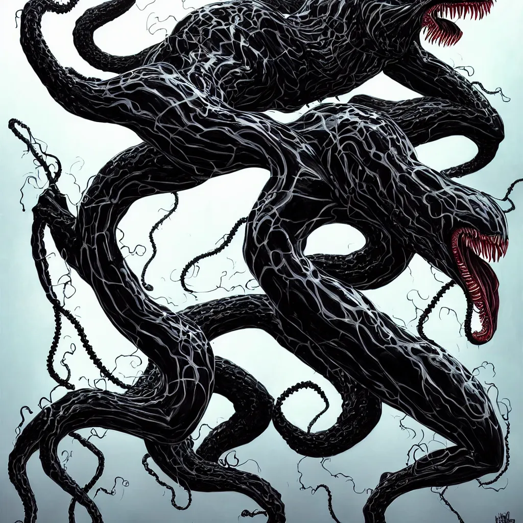 Image similar to full body long shot venom from marvel comics!!!!, large mouth with teeth, lovecraftian horror!, surrealism, fantasy, intricate, elegant, highly detailed, digital painting, artstation, concept art, matte, sharp focus, illustration, art by keith thompson and christopher lane