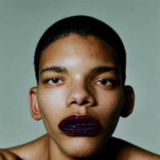 Image similar to realistic photoshooting for a new balenciaga lookbook, color film photography, portrait of a beautiful woman, model is showing her grillz, photo in style of tyler mitchell, 3 5 mm,