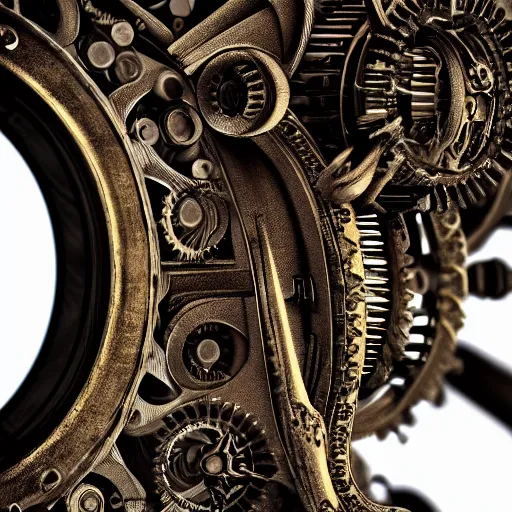 Image similar to a macro photo of a mechanical eye, close - up, large intricate iris with gears inside, intricate details, intricate gears and lenses, intricately detailed engravings, intricately detailed markings, intricate textures, warm lighting, vivid colors, realistic octane render, hyper realistic render, volumetric shading, depth of field, raytracing, 8 k,