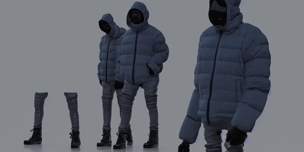 Image similar to kanye west using a full face covering black mask, a small, tight, undersized reflective bright blue round puffer jacket made of nylon, jeans pants and big black balenciaga rubber boots in 3 d, blender, octane render, 3 d render, realistic, unreal engine, trending on sketchfab, studio light, 4 k, 8 k