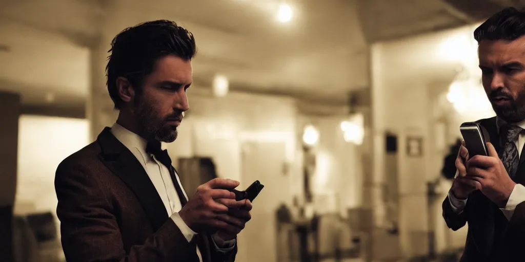 Image similar to a man wearing a dark brown suit, holding an old phone, cinematic, underexposed lighting, shot on arri alexa