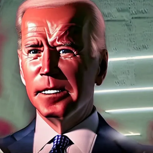 Image similar to joe biden as a cyborg in cyperpunk 2 0 7 7, cybernetic red eye, movie still, cinematic, photorealistic, extreme detail, facial features, sharp focus, 8 k, rain, close up, anamorphic lens, lighting, dark, dystopia, leather coat, atmospheric