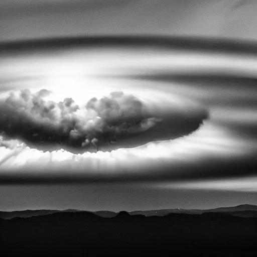 Image similar to atomic nucleus surrounded by clouds, dramatic lighting