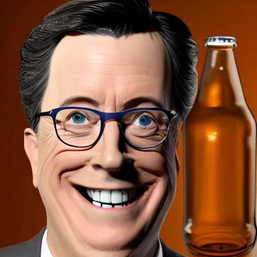 Image similar to stephen colbert face in a clear beer bottle!!!!, 8 k, ultra realistic details