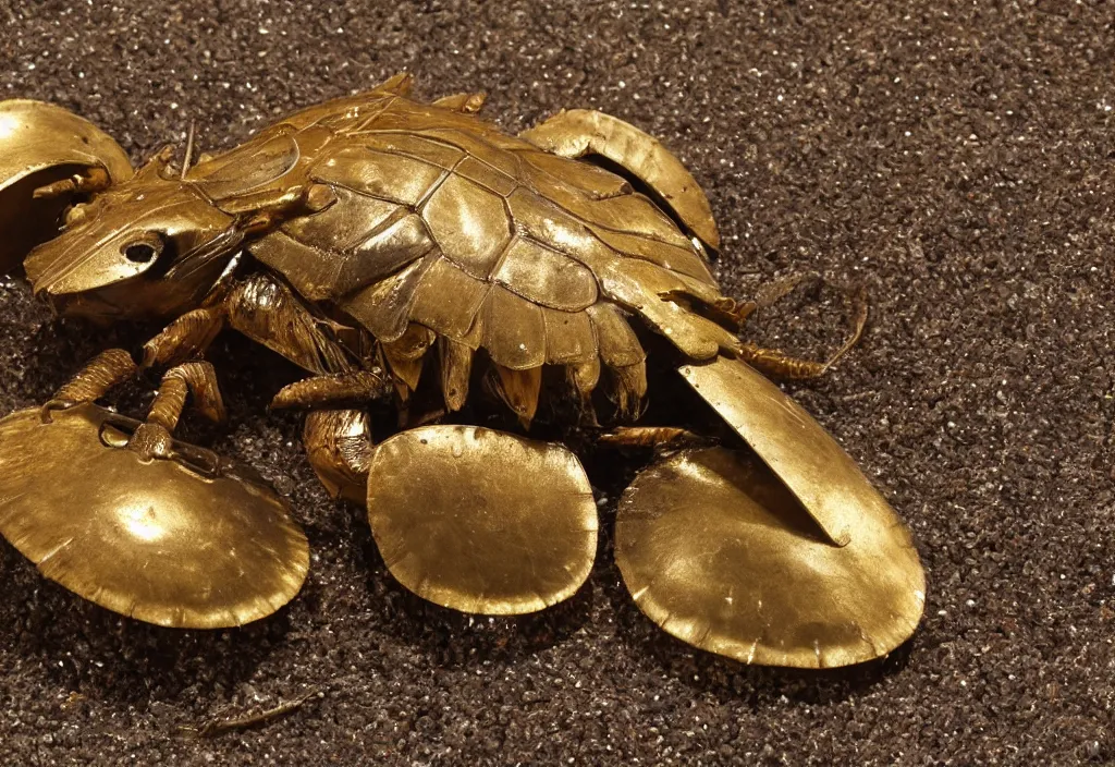 Prompt: a museum photo of an old horseshoe crab golden idol