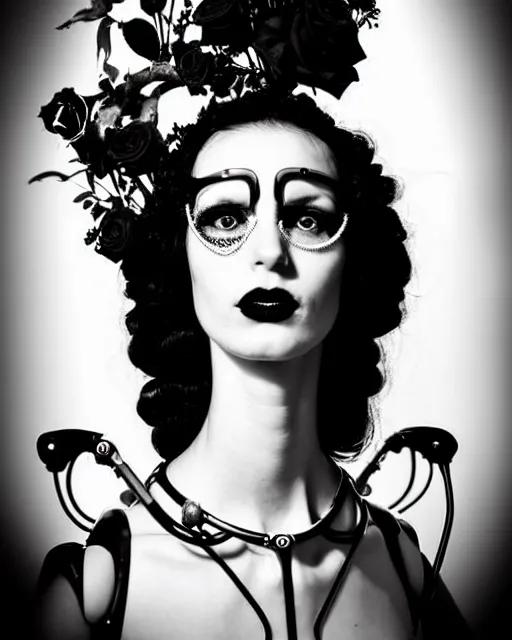 Image similar to dreamy surreal poetic black and white photo of a beautiful young bio-mechanical-female-cyborg-plastic-robot with a very long neck and a super big gothic lace collar and a very high big floral crown with many black dry roses by Vivienne Westwood:: smoke, high fashion, haute couture, rococo, avant-garde, elegant, dreamy, hyper realistic, 150 mm lens, soft rim light, octane render, unreal engine, picture was taken in 1910 by Dora Maar, volumetric lighting, dramatic light,8k,