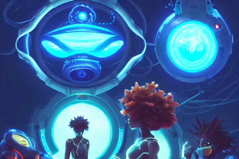 Prompt: afro - futurist scuba divers escaping a gigantic alien angler fish with glowing eyes, leviathan with tentacles | hyperrealistic digital painting by makoto shinkai, ilya kuvshinov, lois van baarle, rossdraws | afrofuturism in the style of hearthstone and overwatch, trending on artstation
