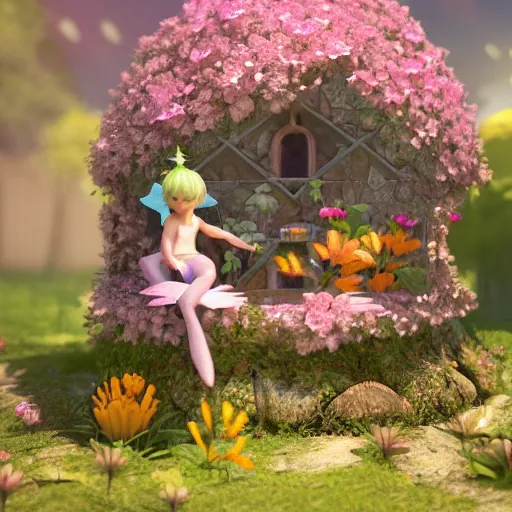 Prompt: a tiny cute fairy in a flower house, cute, adorable, volumetric light, octane render, trending on artstation