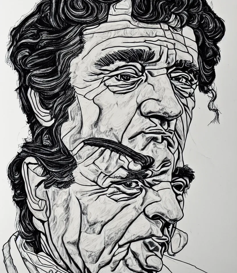 Prompt: detailed line art portrait of johnny cash, inspired by egon schiele. contour lines, musicality, twirls, curls, curves, confident personality