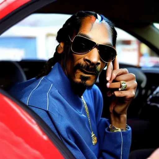 Image similar to Snoop Dogg with a smile on his face, sitting in a police car, there is marijuana everywhere in the car, and a lot of smoke