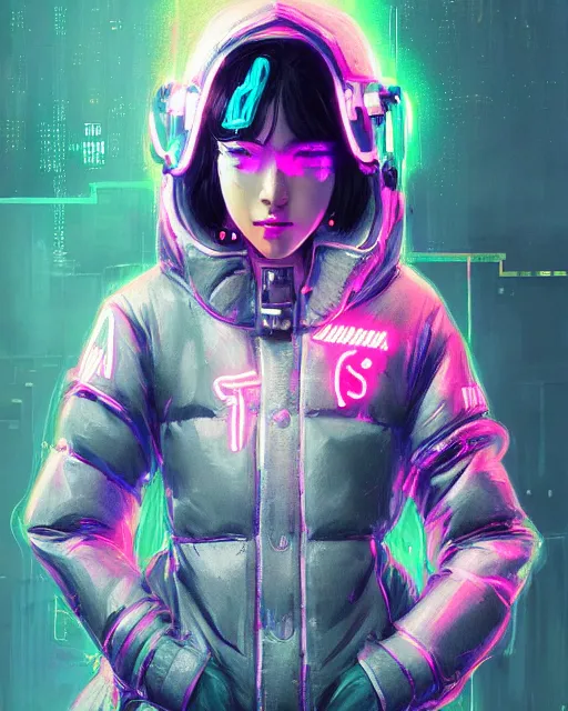 Image similar to detailed portrait Neon Operator Girl, cyberpunk futuristic neon, reflective puffy coat, decorated with traditional Japanese ornaments by Ismail inceoglu dragan bibin hans thoma greg rutkowski Alexandros Pyromallis Nekro Rene Maritte Illustrated, Perfect face, fine details, realistic shaded, fine-face, pretty face