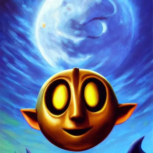 Image similar to zelda majora's mask moon in the sky, oil painting, beautiful, disney, pixar, artgerm