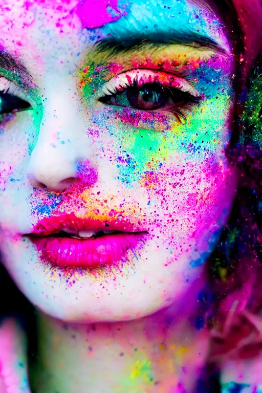 Prompt: An instax film still of a girl covered in holi powder featured in Vogue and GQ editorial fashion photography, beautiful eye, symmetry face, haute couture dressed by Givenchy and Salvatore Ferragamo