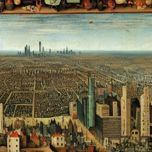 Image similar to chicago cityscape painted by pieter bruegel, detailed, intricate