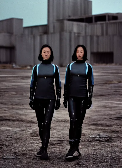 Image similar to cinestill 5 0 d photographic portrait of two loving clones, techwear women on a desolate plain, a brutalist metal building in the background, depth of field, 4 k, 8 k, hd, full color