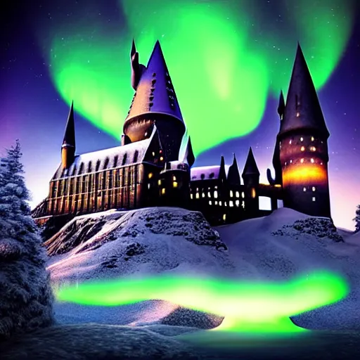 Image similar to “Hogwarts School of Witchcraft and Wizardry with the norther lights in the background. Octane render, 4k, 8k, unreal 5, very detailed, hyper control-realism, trending on artstation.”