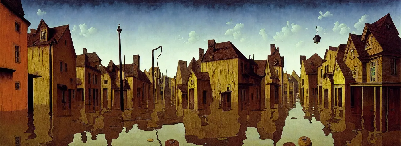 Prompt: flooded! old wooden empty cursed city street, very coherent and colorful high contrast masterpiece by franz sedlacek rene magritte gediminas pranckevicius norman rockwell, full - length view, dark shadows, sunny day, hard lighting, reference sheet white background