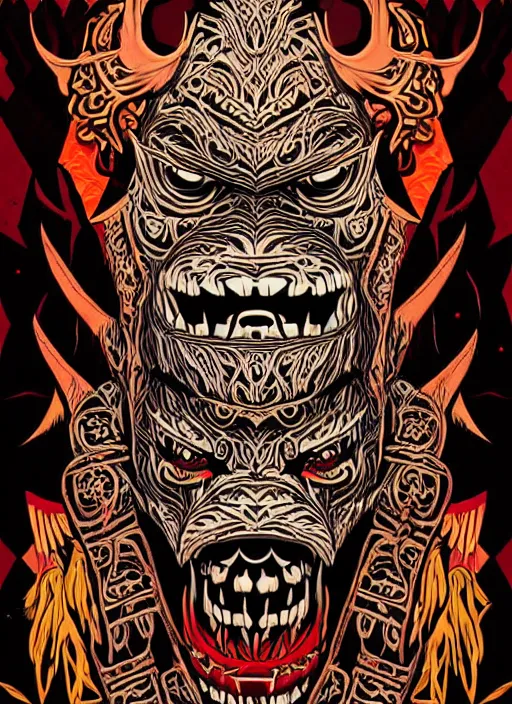 Image similar to barong family member, wiwek, mara demon, one single tribe member, jungle, one single mask, dark, ancient warrior mask, gorilla mask, lizard tongue, tribals, art by dan mumford