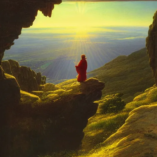 Image similar to a wanderer looking down from the peak of a mountain, distant valley, sunset, sunrays, dramatic light, high detail, masterpiece, painted by caspar david friedrich, trending on artstation