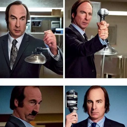 Image similar to saul goodman's character portrayed by bob odenkirk, from the show, breaking bad and better call saul, hitting an enormous, complex dab rig with christian bale's character, patrick bateman from american paycho.