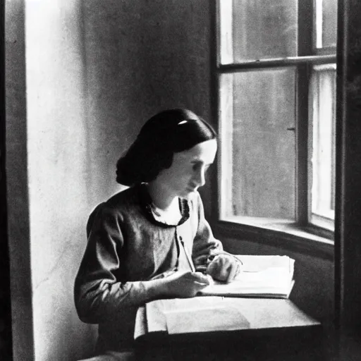 Prompt: Photograph of Anne frank writing in her diary in the attic