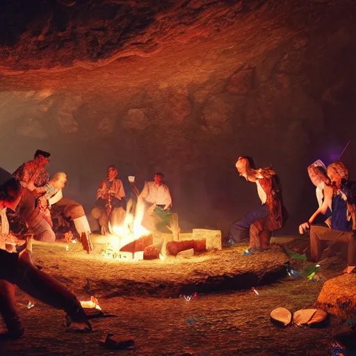 Prompt: medieval villagers dances around a campfire in a cave, colorful crystals everywhere, 4k, 8k, unreal engine, by greg rutkowski, hyper realistic, octane render