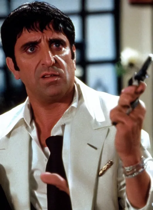 Image similar to film still of Michael Scott as Tony Montana in Scarface.