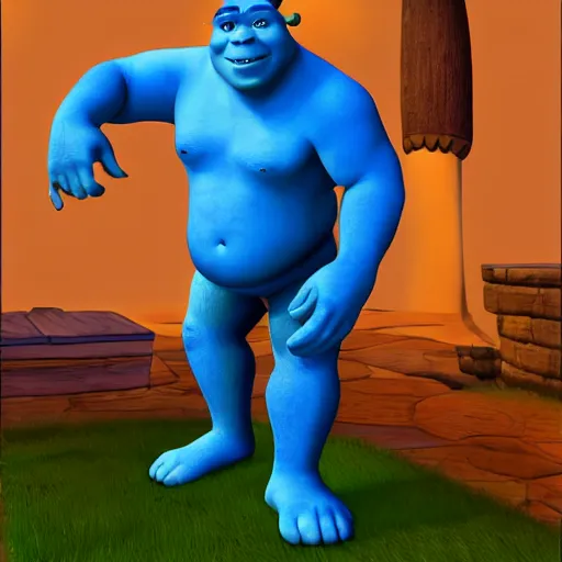 Image similar to shrek with blue skin