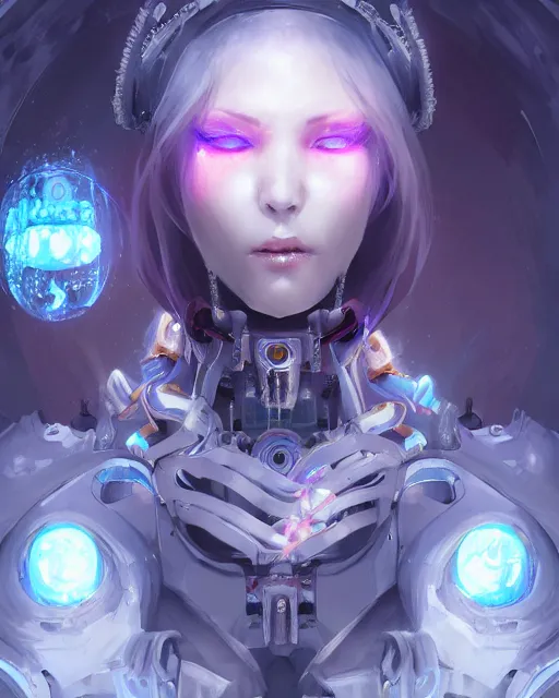 Image similar to holy cyborg necromancer girl, elegant, scifi, futuristic, utopia, garden, illustration, atmosphere, top lighting, blue eyes, white hair, focused, artstation, highly detailed, art by yuhong ding and chengwei pan and serafleur and ina wong