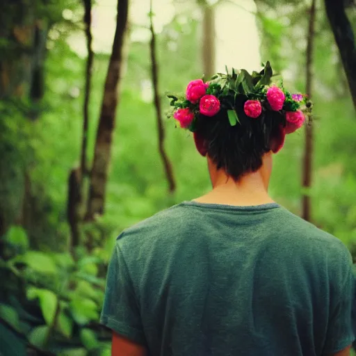 Image similar to close up kodak portra 4 0 0 photograph of a skinny guy standing in a dark exotic jungle, back view, flower crown, moody lighting, telephoto, 9 0 s vibe, blurry background, vaporwave colors, faded!,