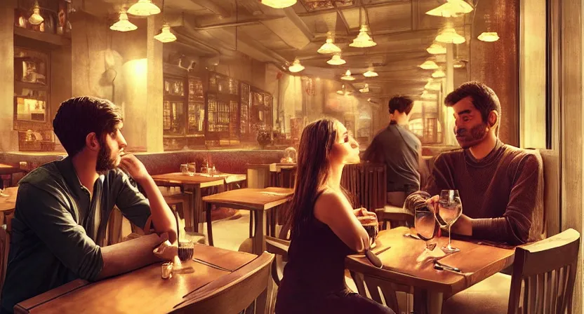 Image similar to a guy and a girl on a date in a restaurant, far corner. art by salman toor. faithfully depicted facial expression, perfect anatomy, sharp focus, global illumination, radiant light, detailed and intricate environment, trending on artstation